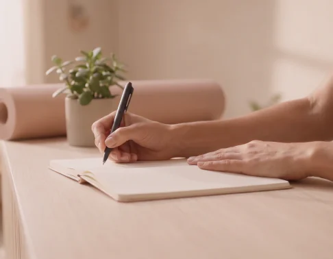 A woman writing in a notebook at a light wooden desk
